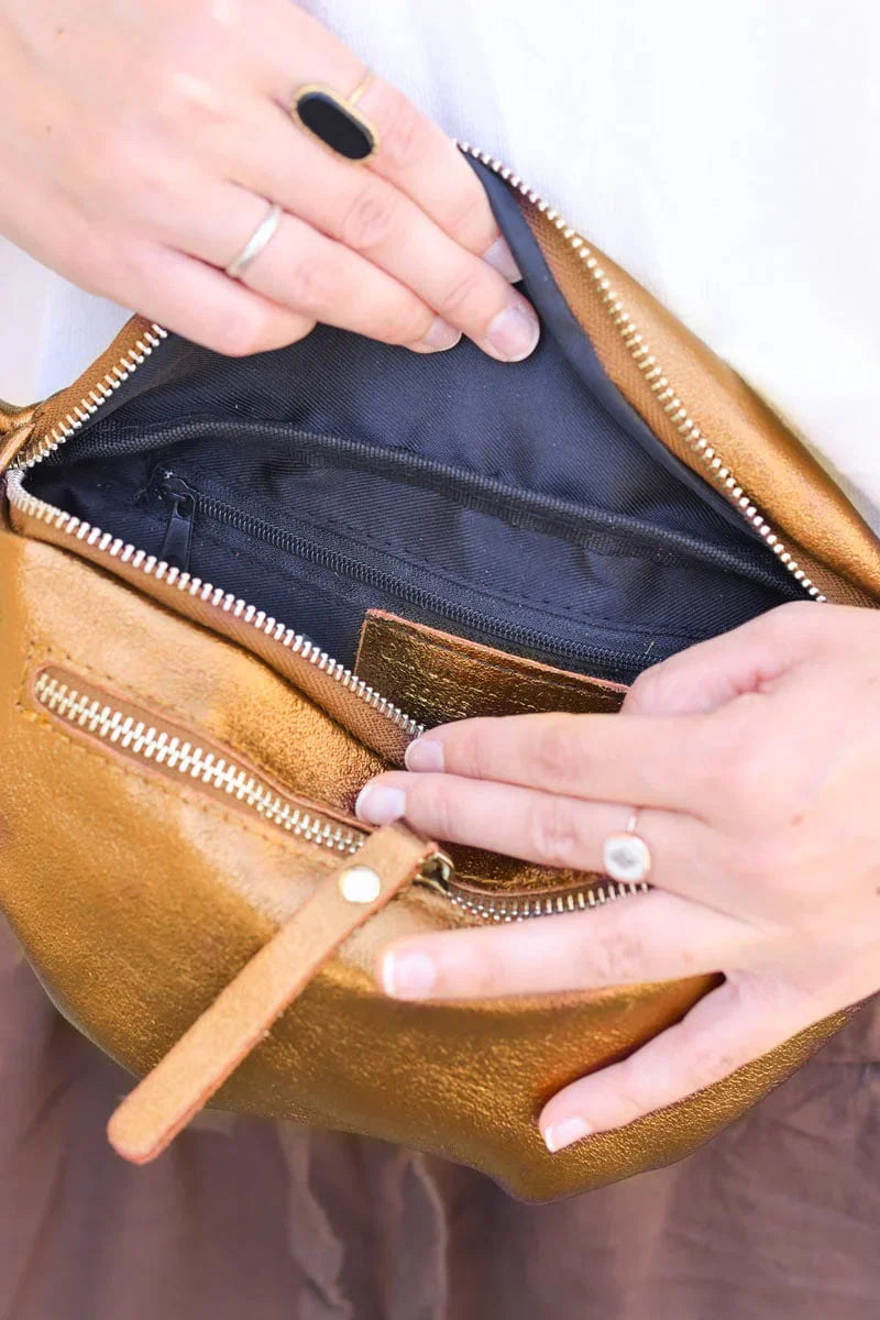 Copper metallic leather double zip bum bag