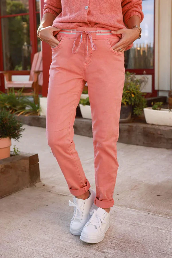 Coral Comfort Stretch Pants with Silver Elasticated Waist