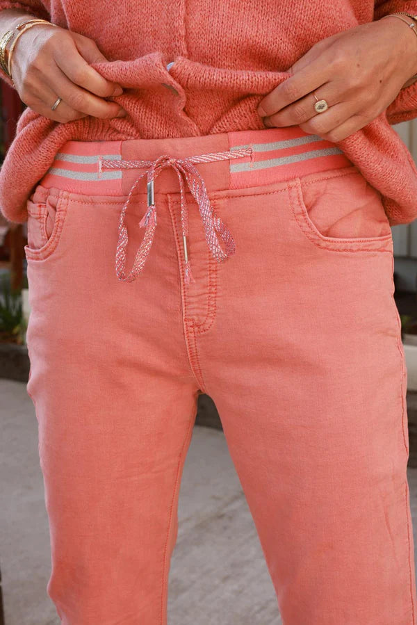 Coral Comfort Stretch Pants with Silver Elasticated Waist