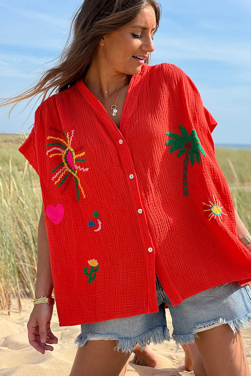 Coral Embroidered Gauze Button-Down Blouse