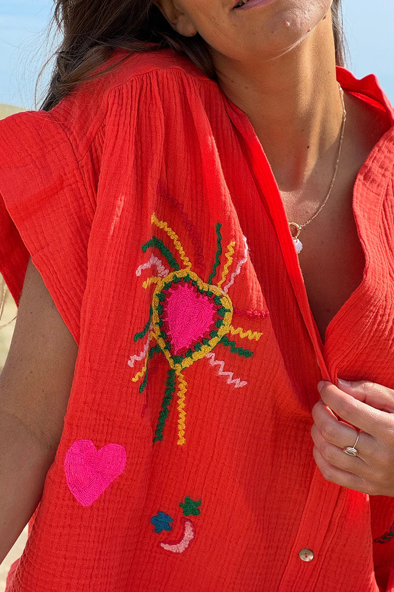 Coral Embroidered Gauze Button-Down Blouse