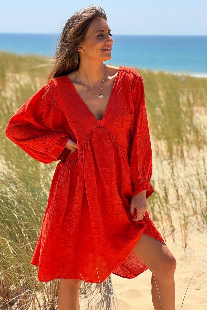 Coral Linen Babydoll Dress