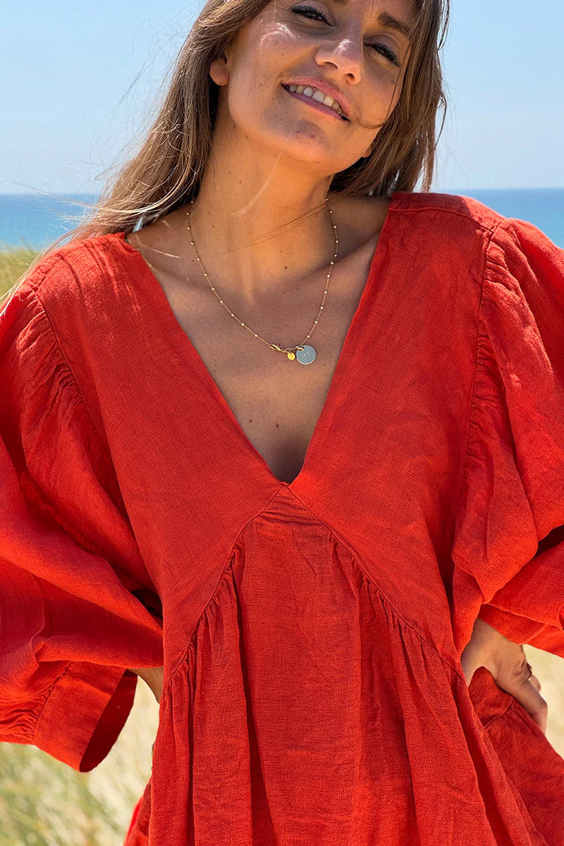 Coral Linen Babydoll Dress