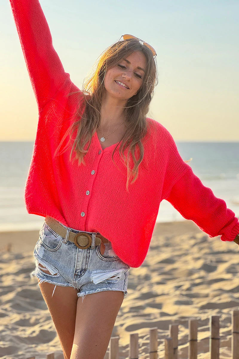 Coral Mother of Pearl Button through V-Neck Cardigan