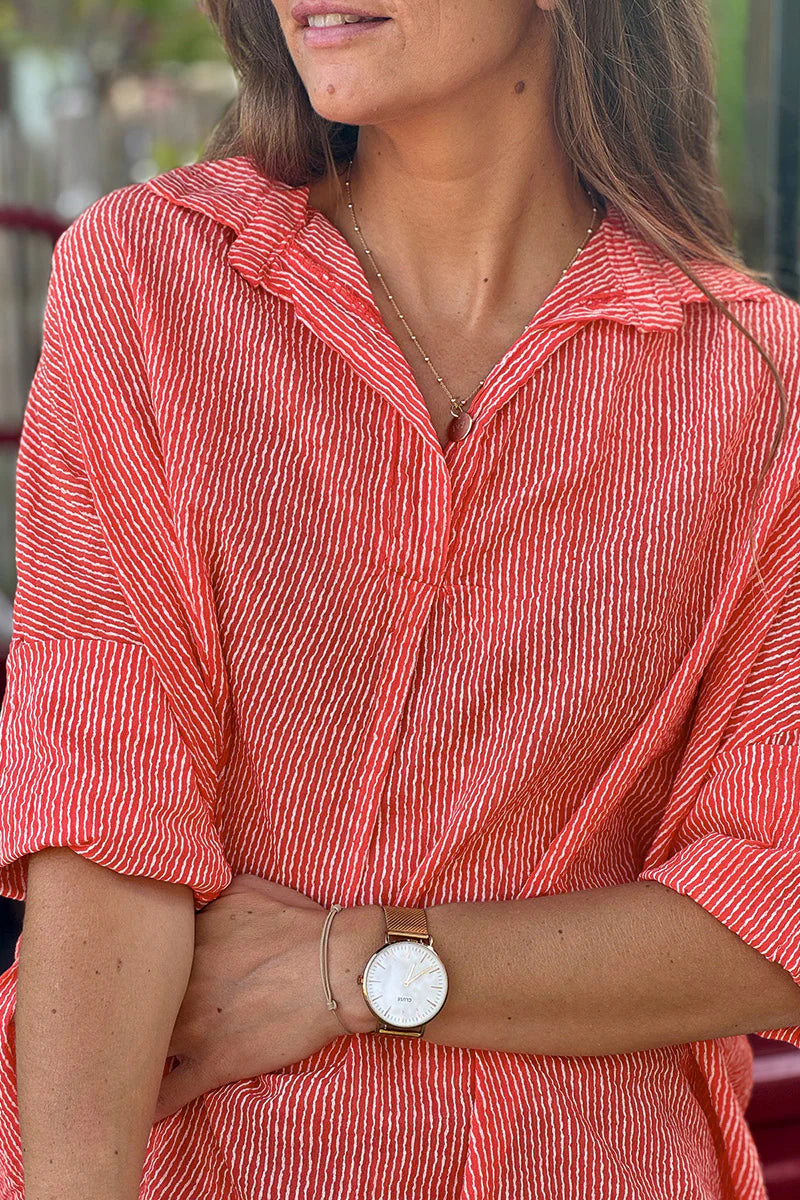 Coral Mottled Pinstripe Gauze Blouse