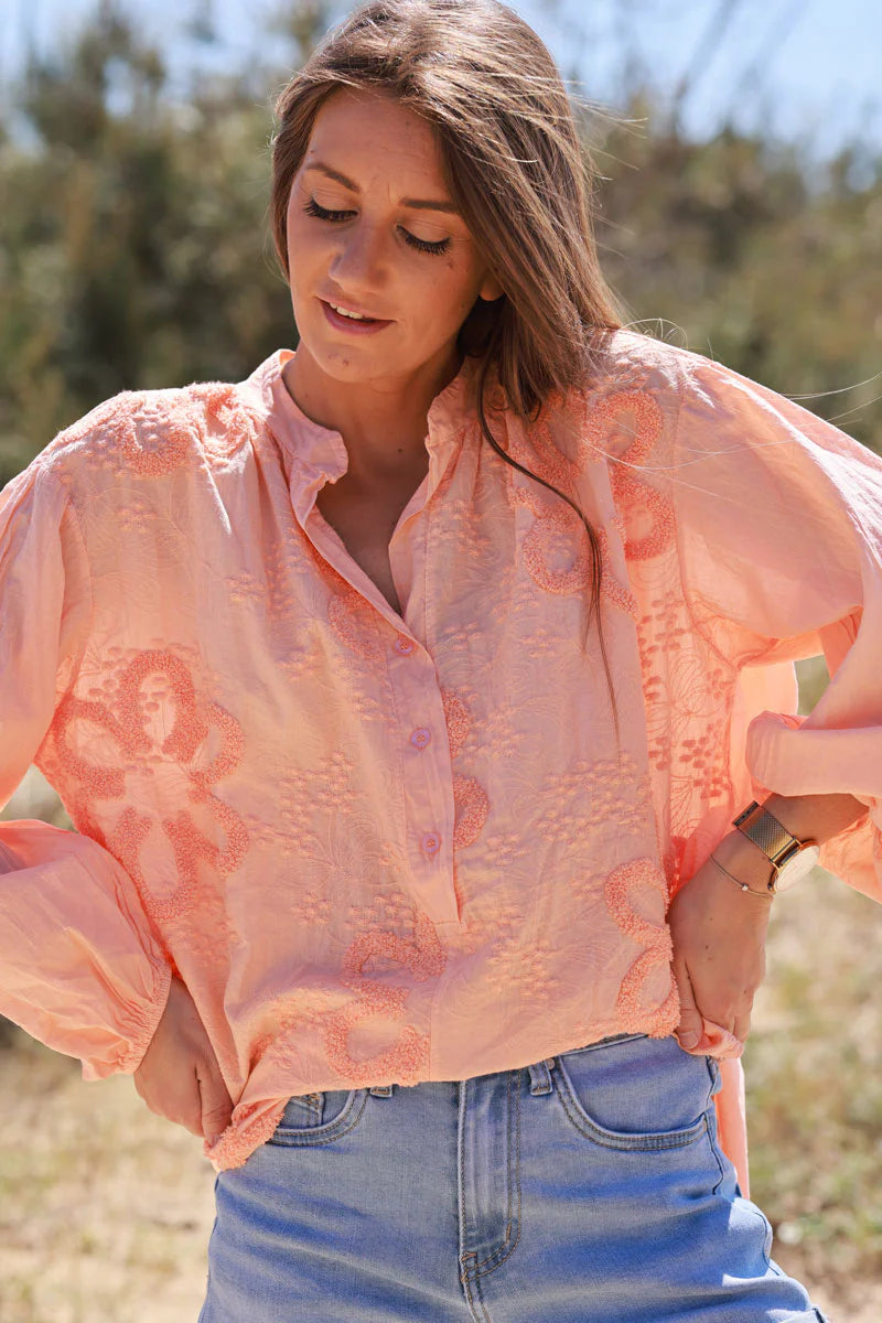 Coral Gauze Boucle Embroidered Blouse