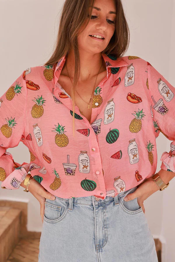 Coral Snack Time Button-Down Blouse
