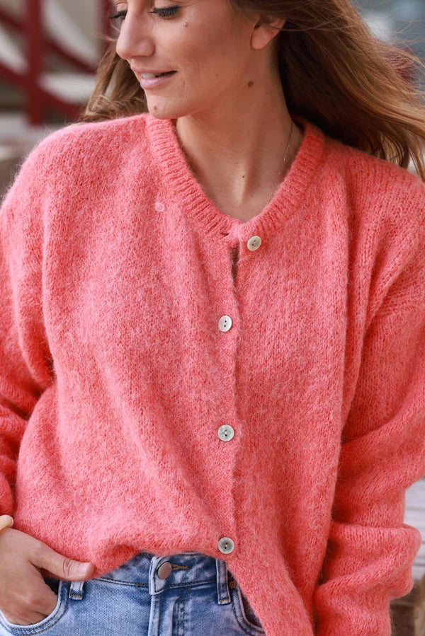 Coral Soft Knit Alpaca Wool Blend Cardigan