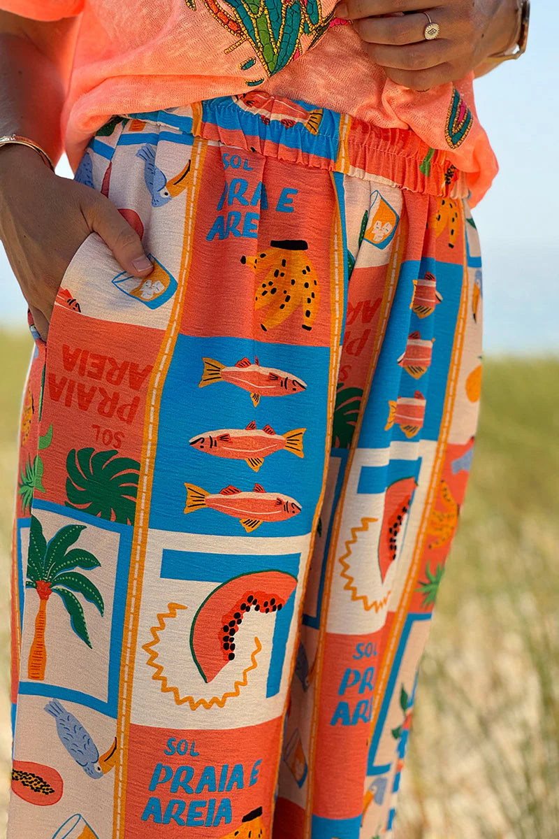 Coral Tropical Block Pull-On Pants