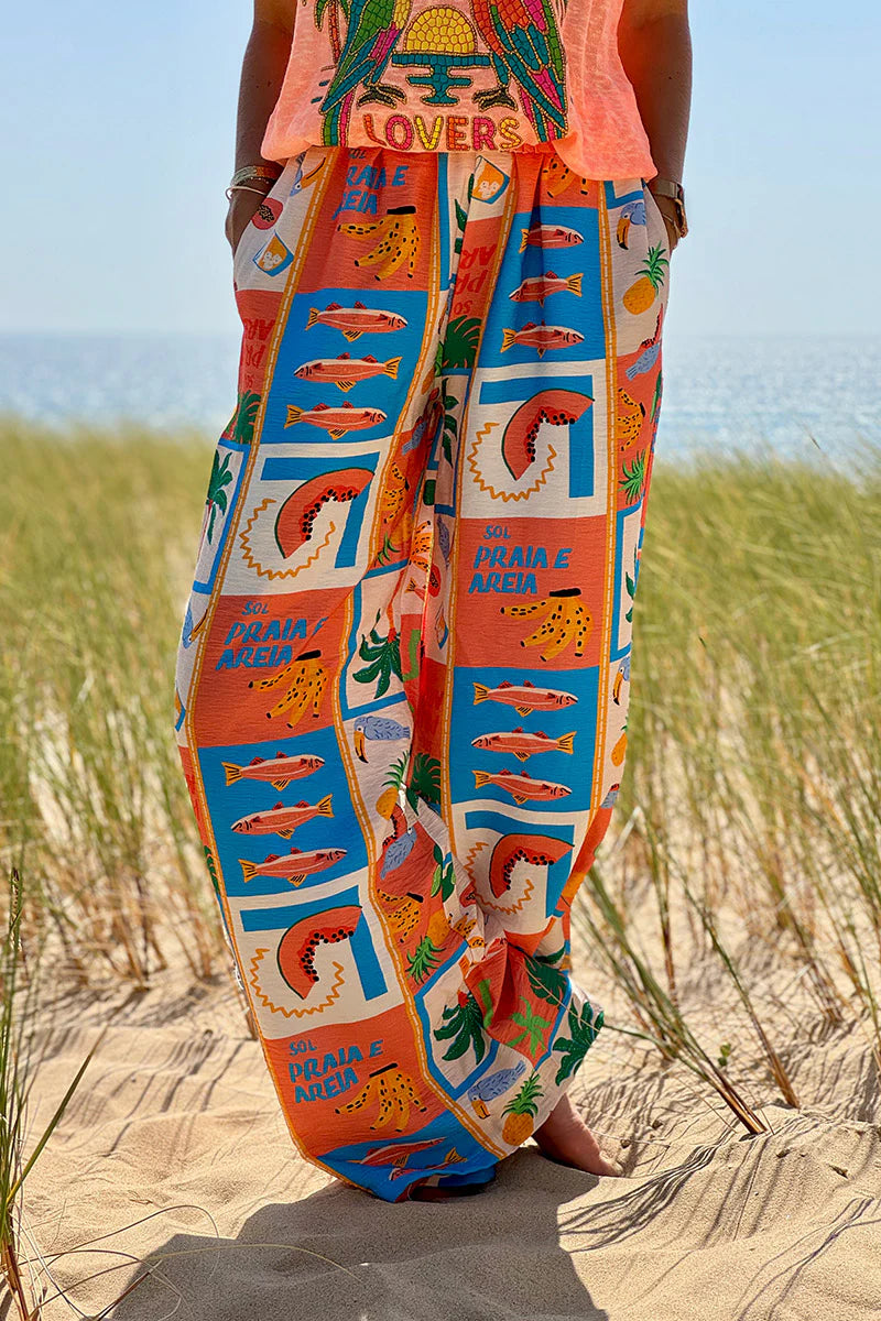 Coral Tropical Block Pull-On Pants