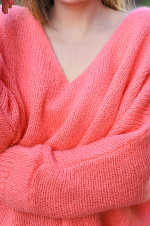 Coral Woollen V-Neck Sweater with Batwing Sleeves