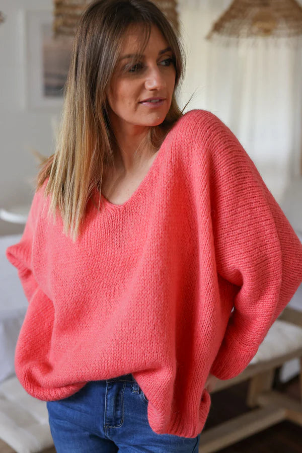 Coral Woollen V-Neck Sweater with Batwing Sleeves