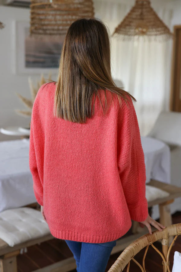 Coral Woollen V-Neck Sweater with Batwing Sleeves