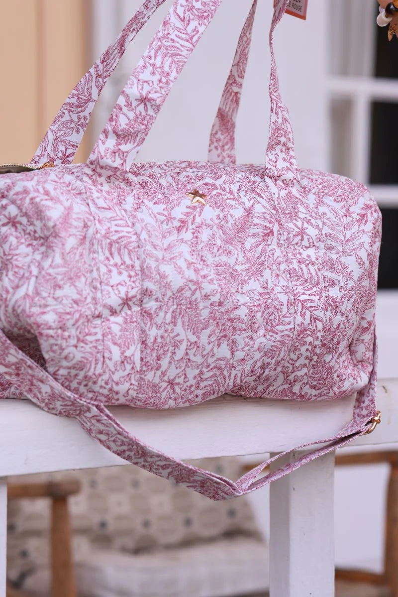 Cotton gauze bowling bag with fuchsia flower toile de jouy print