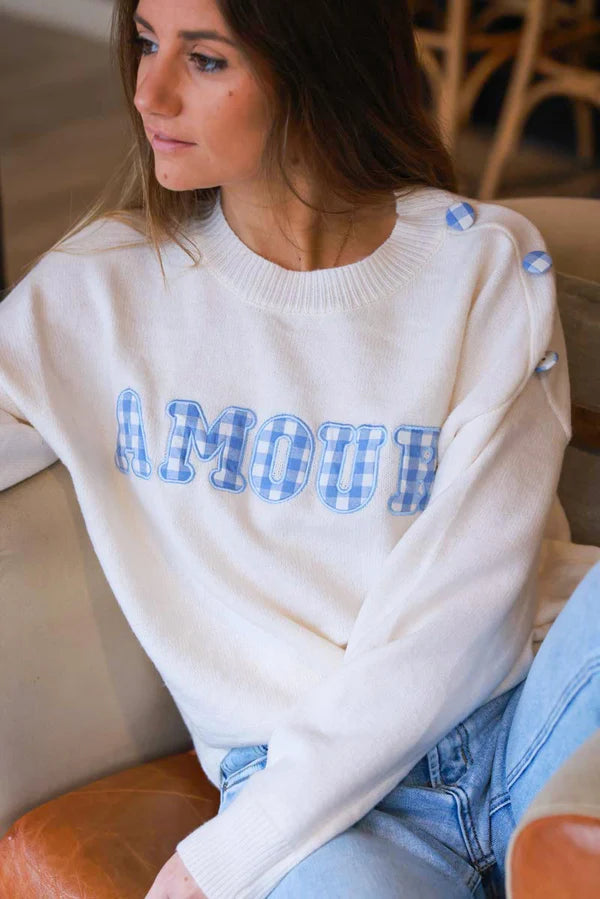 Cream “Amour” Blue Gingham Motif Sweater