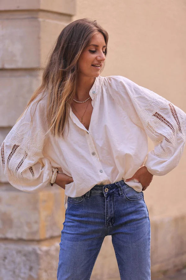 Cream Blouse with Open Crochet Sleeves