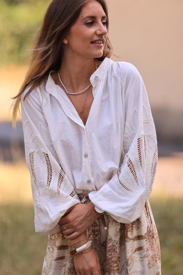 Cream Blouse with Open Crochet Sleeves