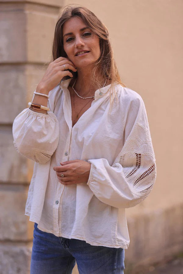 Cream Blouse with Open Crochet Sleeves