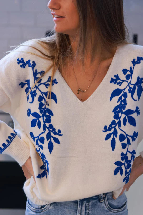 Cream and Blue Vine V-Neck Sweater