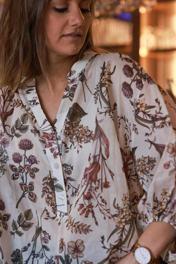 Cream and Burgundy Botanical Cotton Blouse