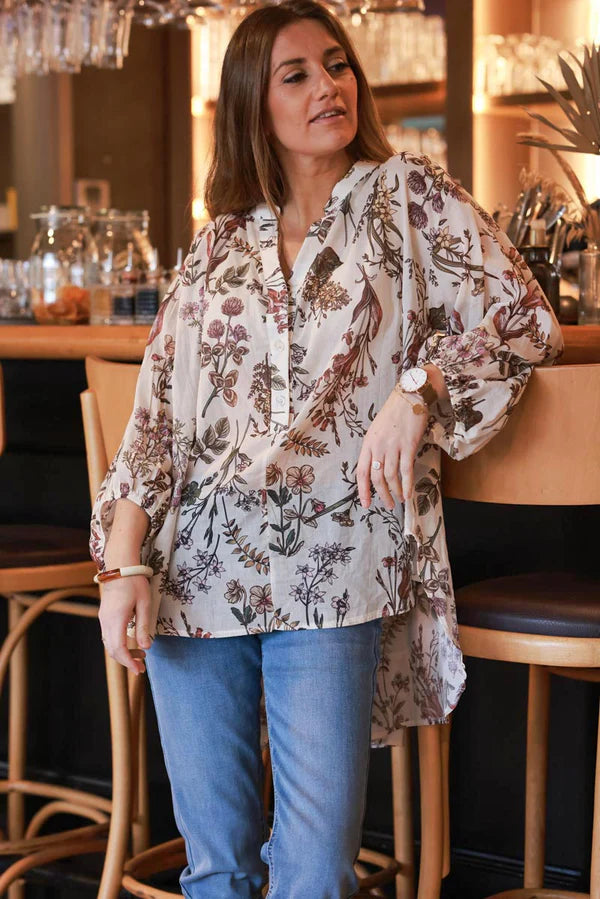 Cream and Burgundy Botanical Cotton Blouse