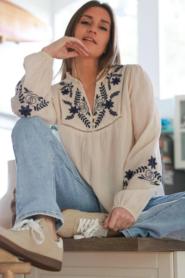 Cream Cotton Embroidered Boho Blouse