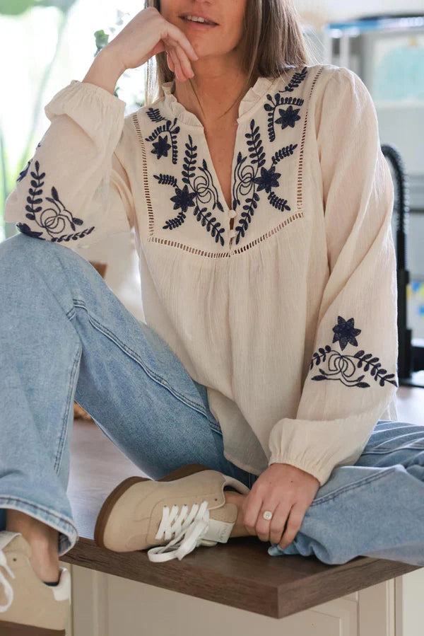 Cream Cotton Embroidered Boho Blouse