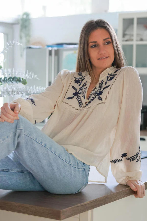 Cream Cotton Embroidered Boho Blouse