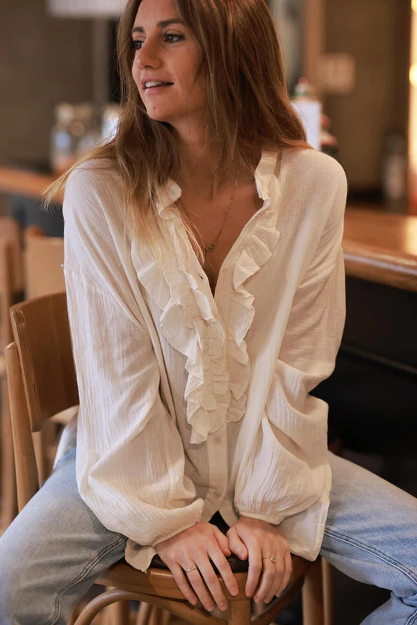 Cream Cotton Gauze Ruffled Blouse