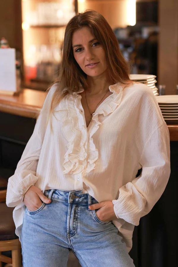 Cream Cotton Gauze Ruffled Blouse