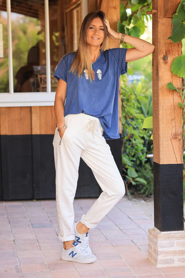 Cream Cotton Sweatpants Bottoms with Embroidered Cheveron Outseams