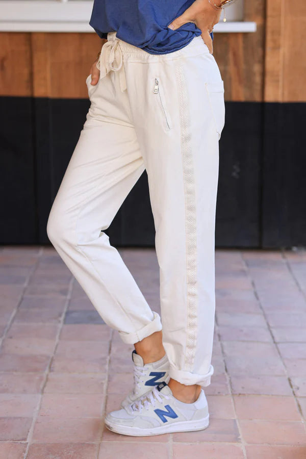 Cream Cotton Sweatpants Bottoms with Embroidered Cheveron Outseams