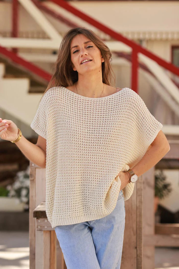 Cream Crochet Knit Cap-Sleeve Top