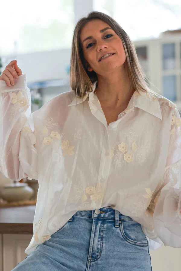 Cream Embroidered Floral Silken Blouse