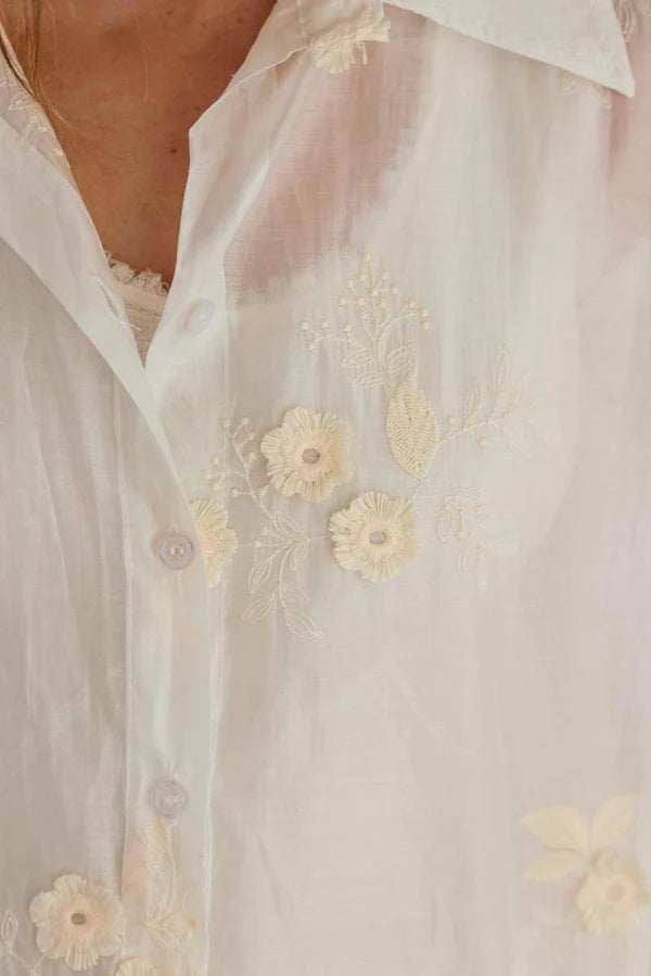 Cream Embroidered Floral Silken Blouse