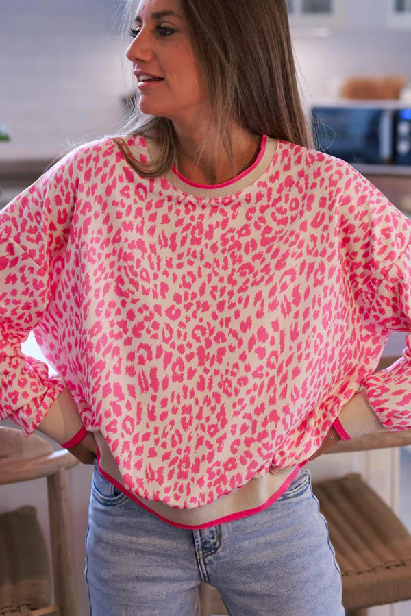 Cream and Fuchsia Leopard Print Sweater