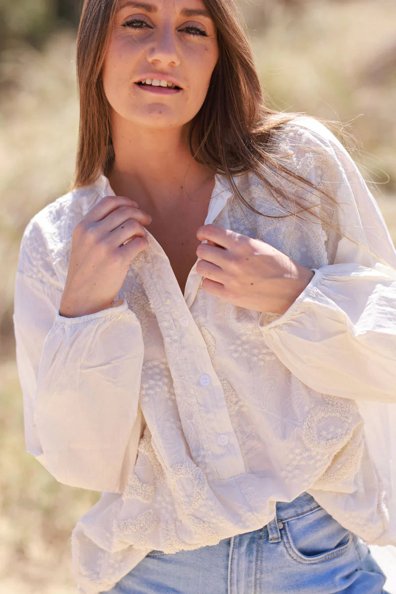 Cream Gauze Boucle Embroidered Blouse