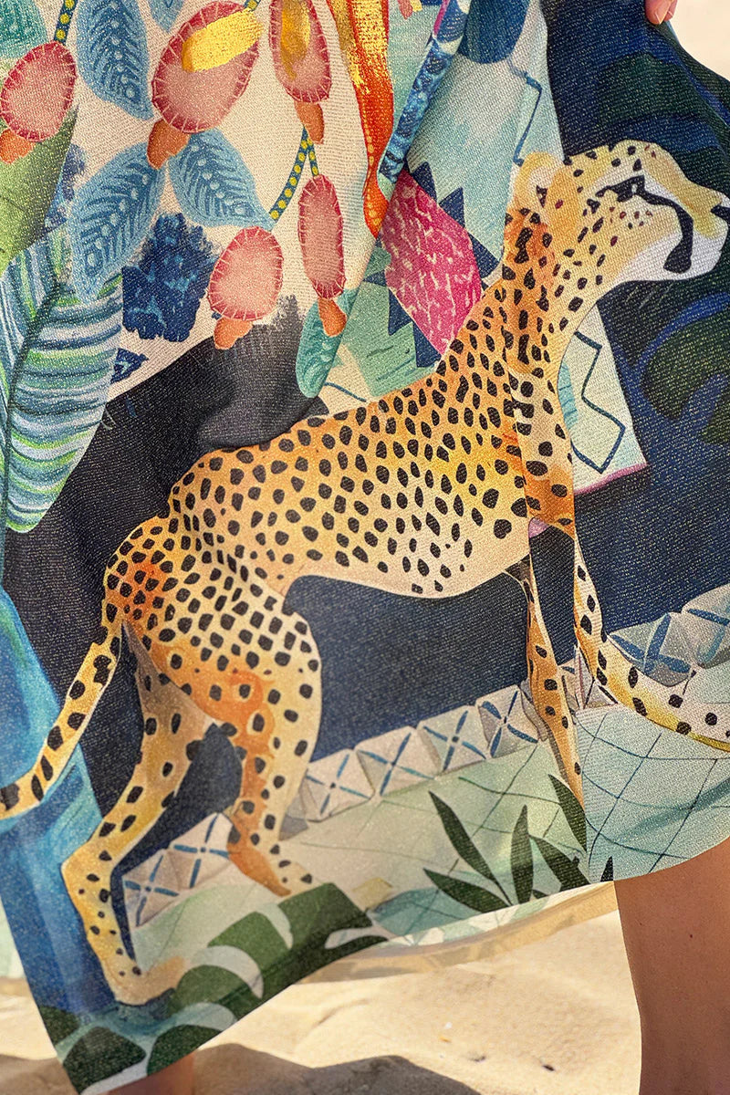 Cream Glitter Knit Gilded Parrot Tropical Print Caftan