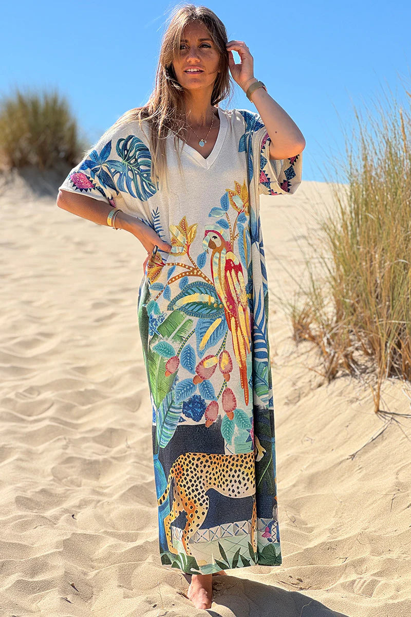 Cream Glitter Knit Gilded Parrot Tropical Print Caftan