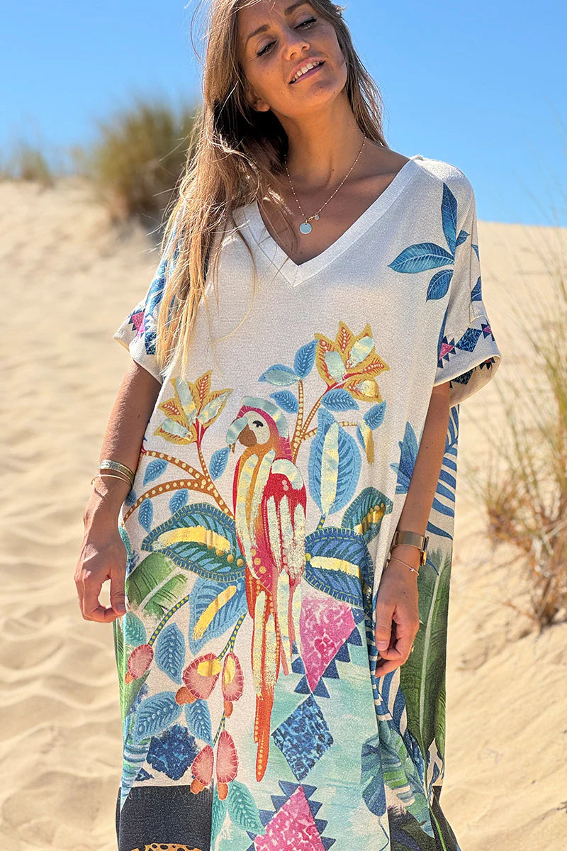 Cream Glitter Knit Gilded Parrot Tropical Print Caftan