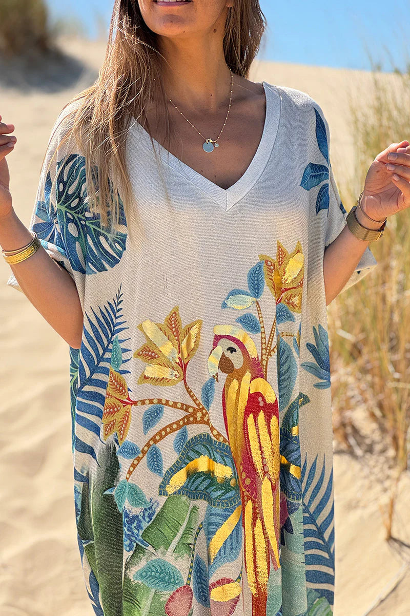 Cream Glitter Knit Gilded Parrot Tropical Print Caftan