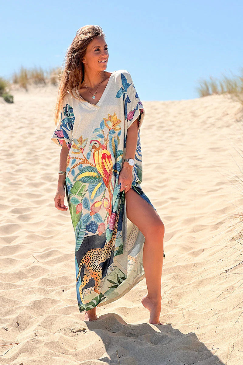 Cream Glitter Knit Gilded Parrot Tropical Print Caftan