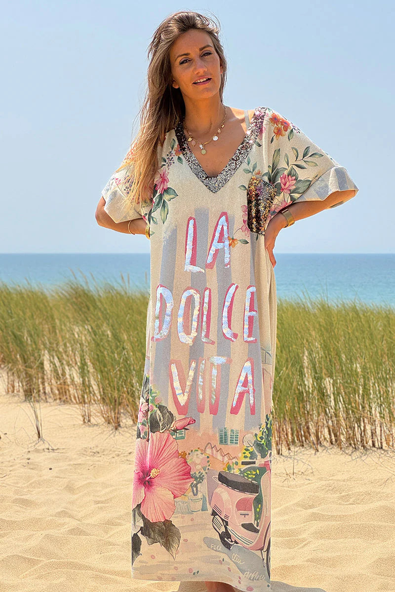 Cream Glitter Knit “La Dolce Vita” Caftan