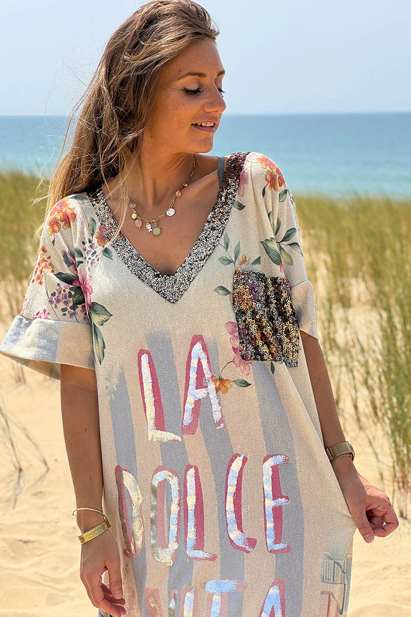 Cream Glitter Knit “La Dolce Vita” Caftan