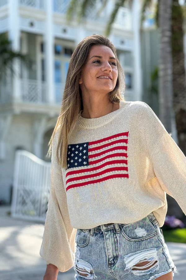 Cream Knit American Flag Sweater