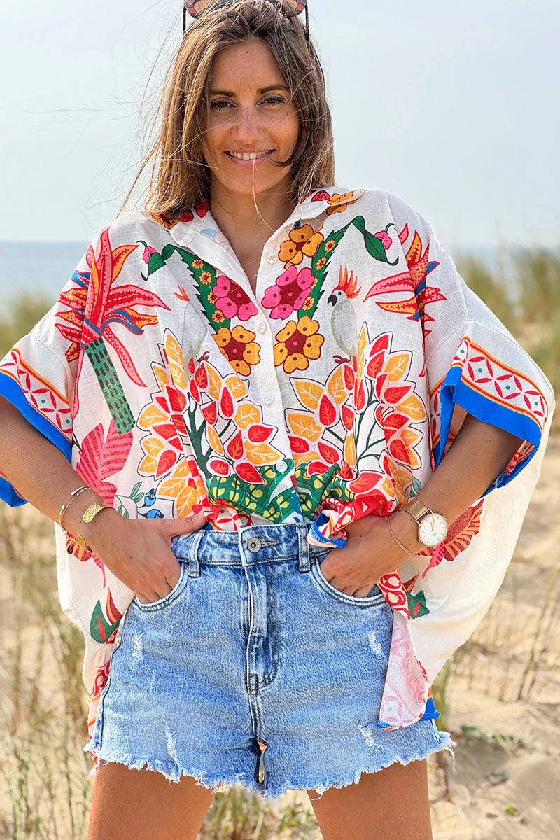 Cream Lotus Border Print Tiki Blouse