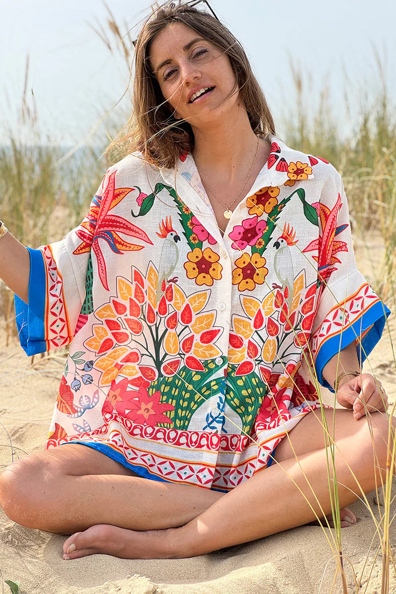 Cream Lotus Border Print Tiki Blouse