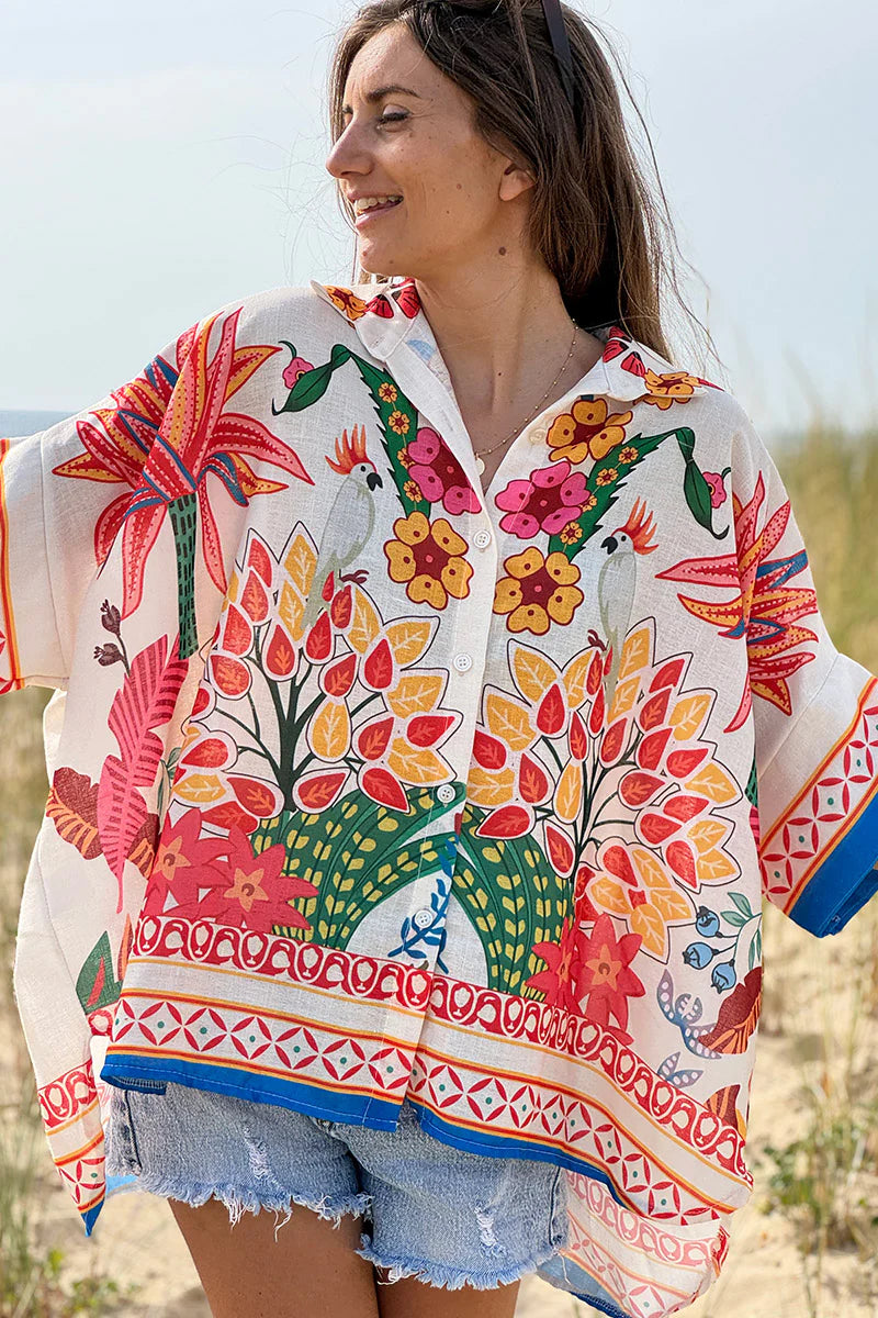 Cream Lotus Border Print Tiki Blouse