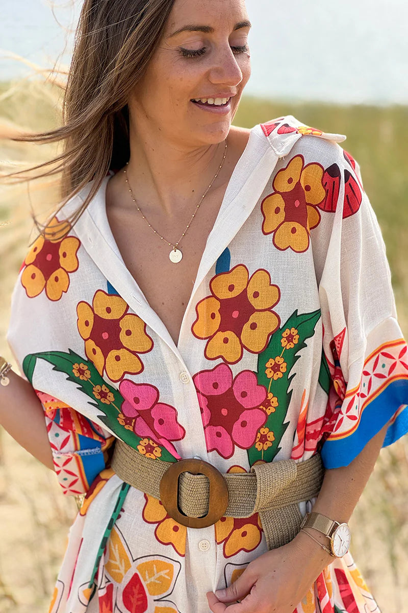Cream Lotus Border Print Tiki Caftan