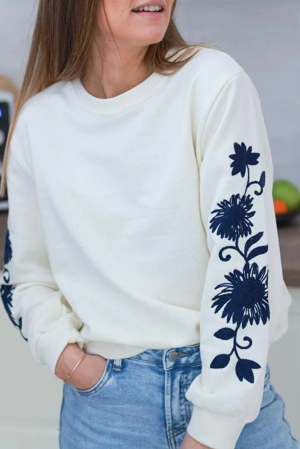 Cream and Navy Blue Embroidered Floral Sleeve Sweater